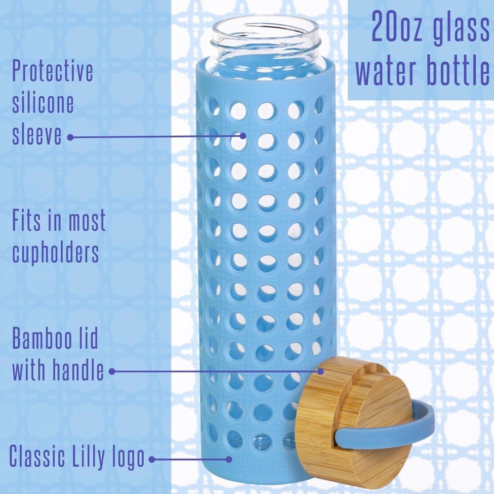 Lilly Pulitzer Glass Water Bottle Featured In Frenchie Blue Caning - Picture 12 of 13